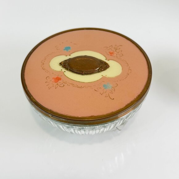 Vintage Art Deco MCM Powder Glass Jar Trinket Metal Lid Grannycore Lot of 2 - Picture 3 of 16